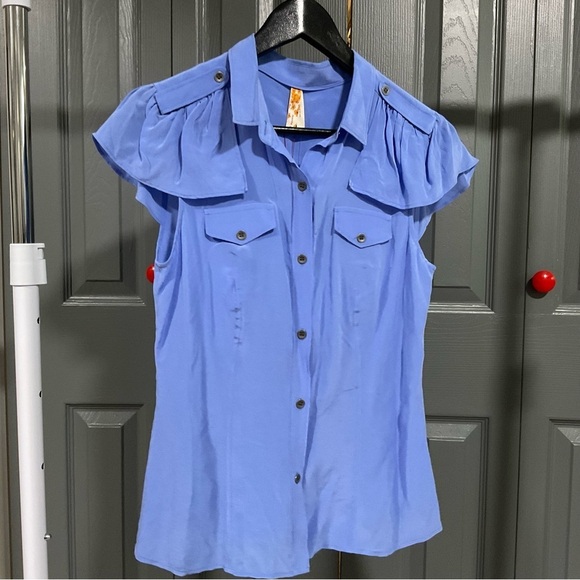 Maeve Anthropologie Womens Powder Blue Silk Collar Cap Sleeve Blouse Size 6 - Picture 2 of 12